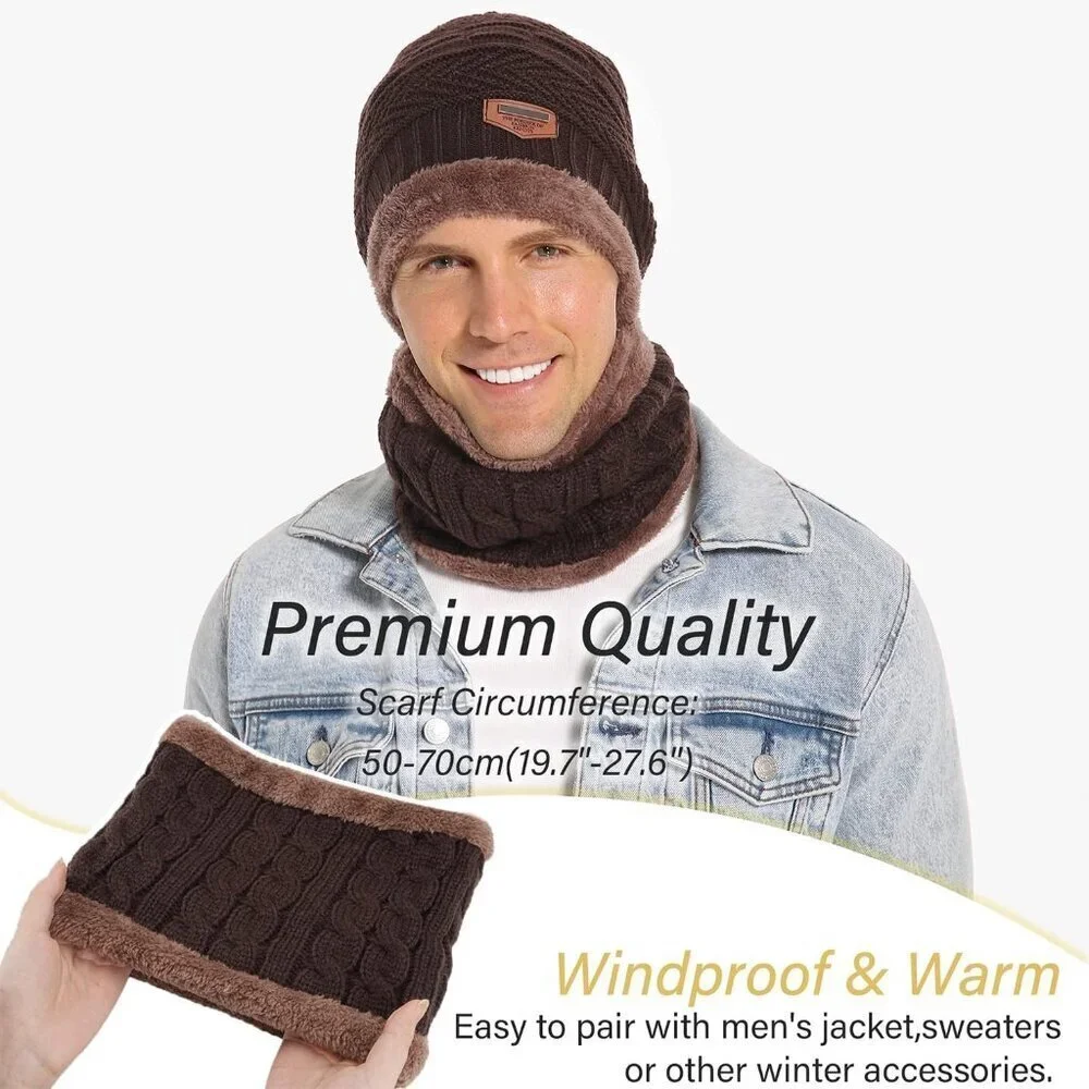 Men's Coffee Winter Warm Knit Thick Fleece Lined Skull Beanie Hat Scarf Set